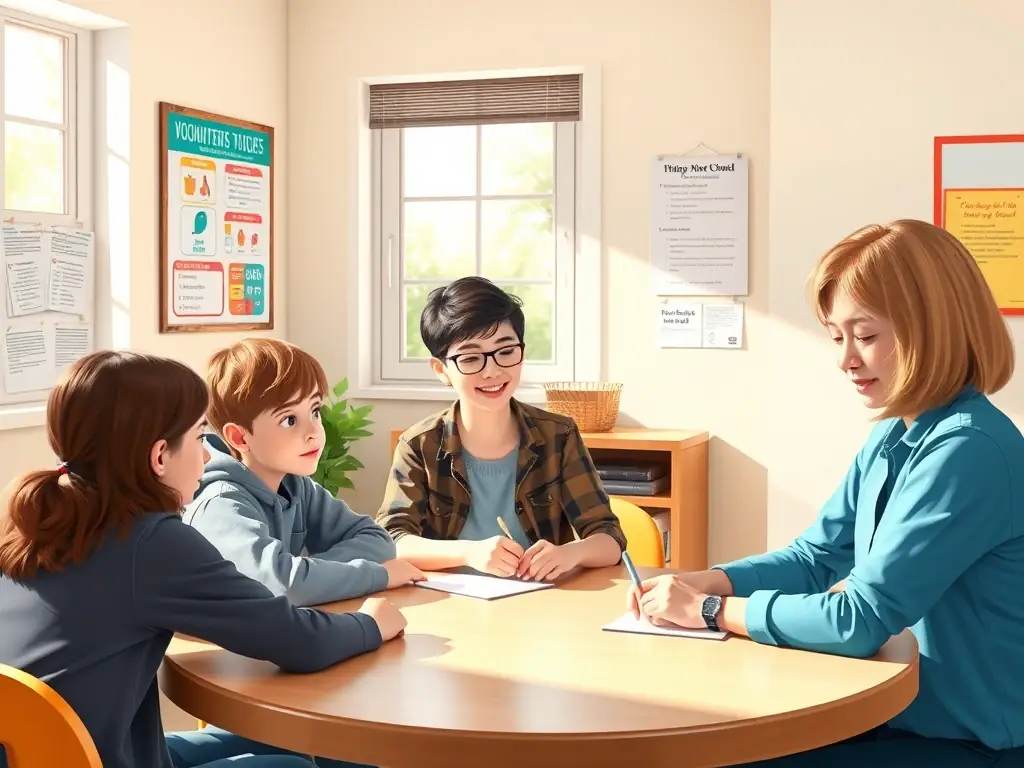 A teenager participating in a social skills group session, guided by a therapist, focusing on improving peer interactions at Canyon Therapy.