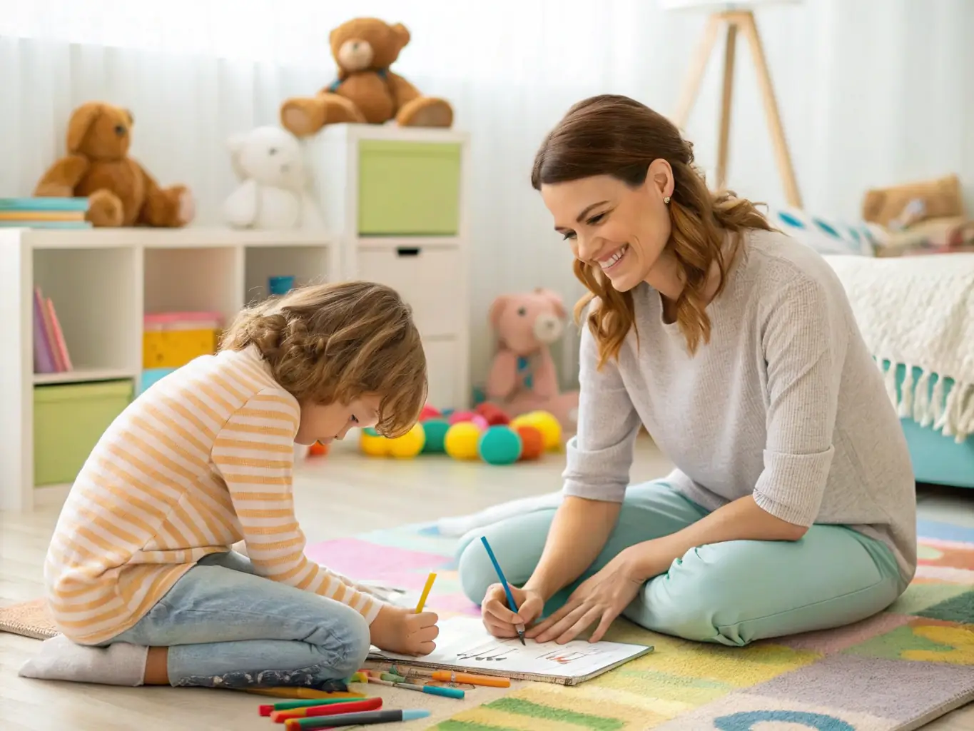 A therapist working with a child in a cozy living room setting, engaging in interactive activities, representing In-Home ABA Therapy.